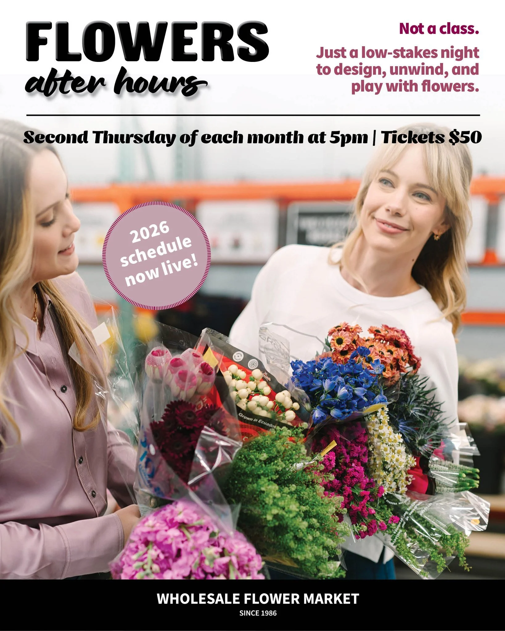 💥Flowers After Hours is back! March, April, and May dates are officially live.

Join us the second Thursday of each month at 5pm for an easygoing evening of flowers, conversation, and creativity. We&rsquo;ll provide the flowers and the vase &mdash; 