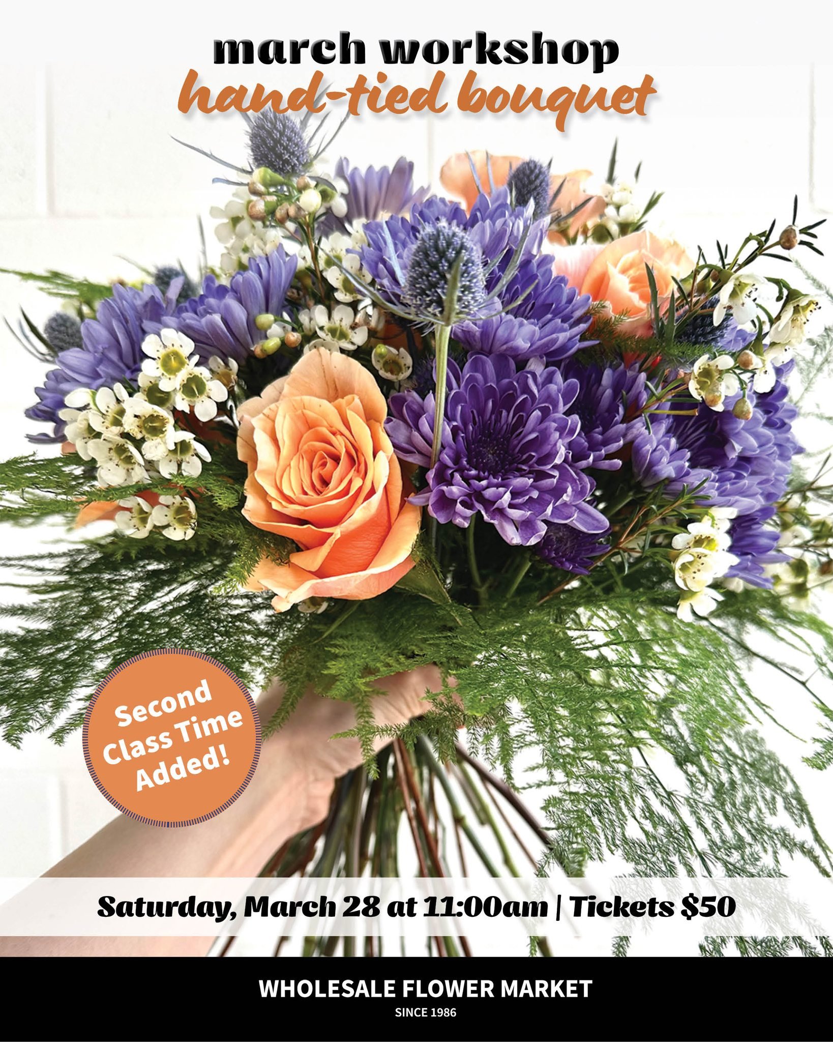 ⚠️SECOND CLASS ADDED! Our 9:30am class sold out so quickly we had to add another at 11am! Hurry&mdash;spots go quickly!

Snag your ticket on our website today.

#wholesaleflowermarket #wholesaleflowers #flowerworkshop #handtiedbouquet #diyflowers #ch