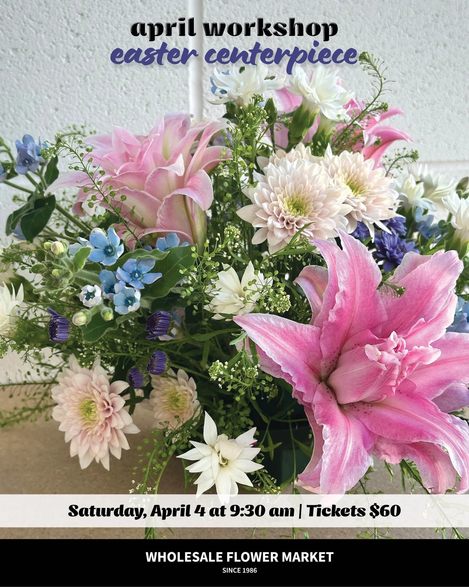 🐰Just added&mdash;Easter Centerpiece Workshop!

Join us Saturday, April 4th at 9:30AM as we create an all-sided centerpiece design in floral foam using a collection of our favorite happiest, springiest blooms. 

Tickets available on our website! 

#