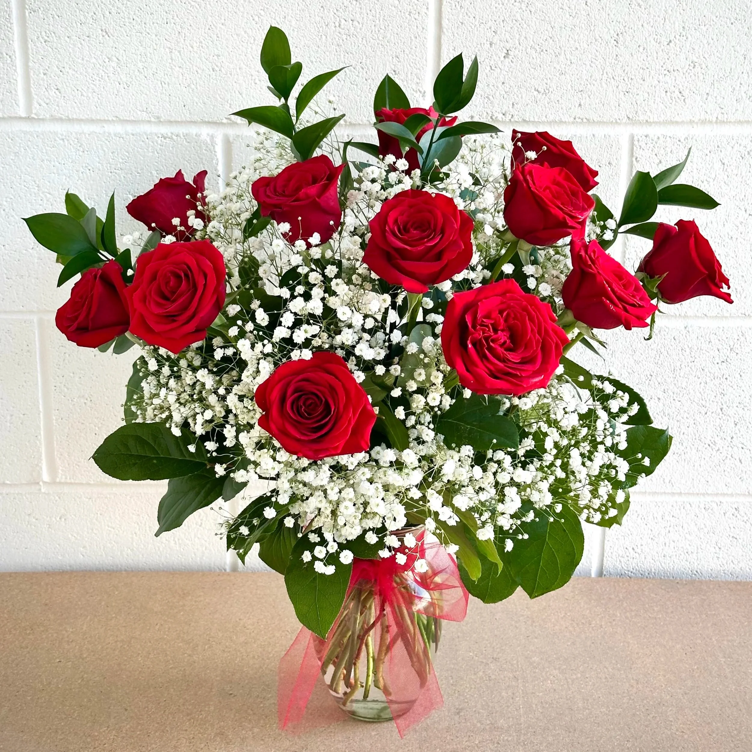 Classic Dozen Rose Arrangement with Baby's Breath