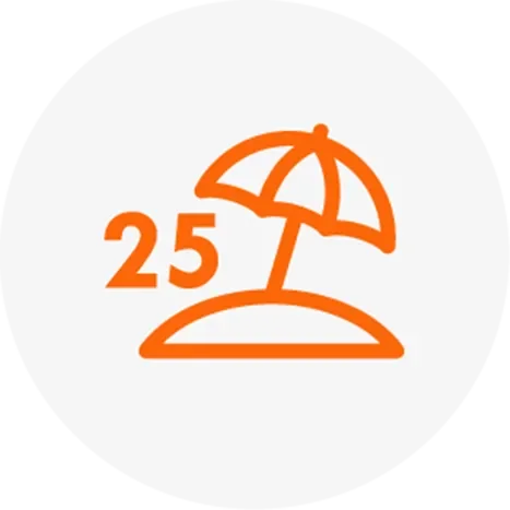Orange beach umbrella icon with the number 25 on a white circular background conveying 25 paid vacation days per year