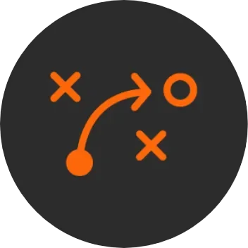 An orange strategy icon on a dark background displays a curved arrow from a circle with two crossed lines, symbolizing a tactical plan
