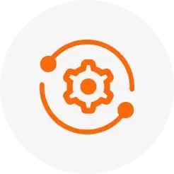 An orange icon on a white background features a gear