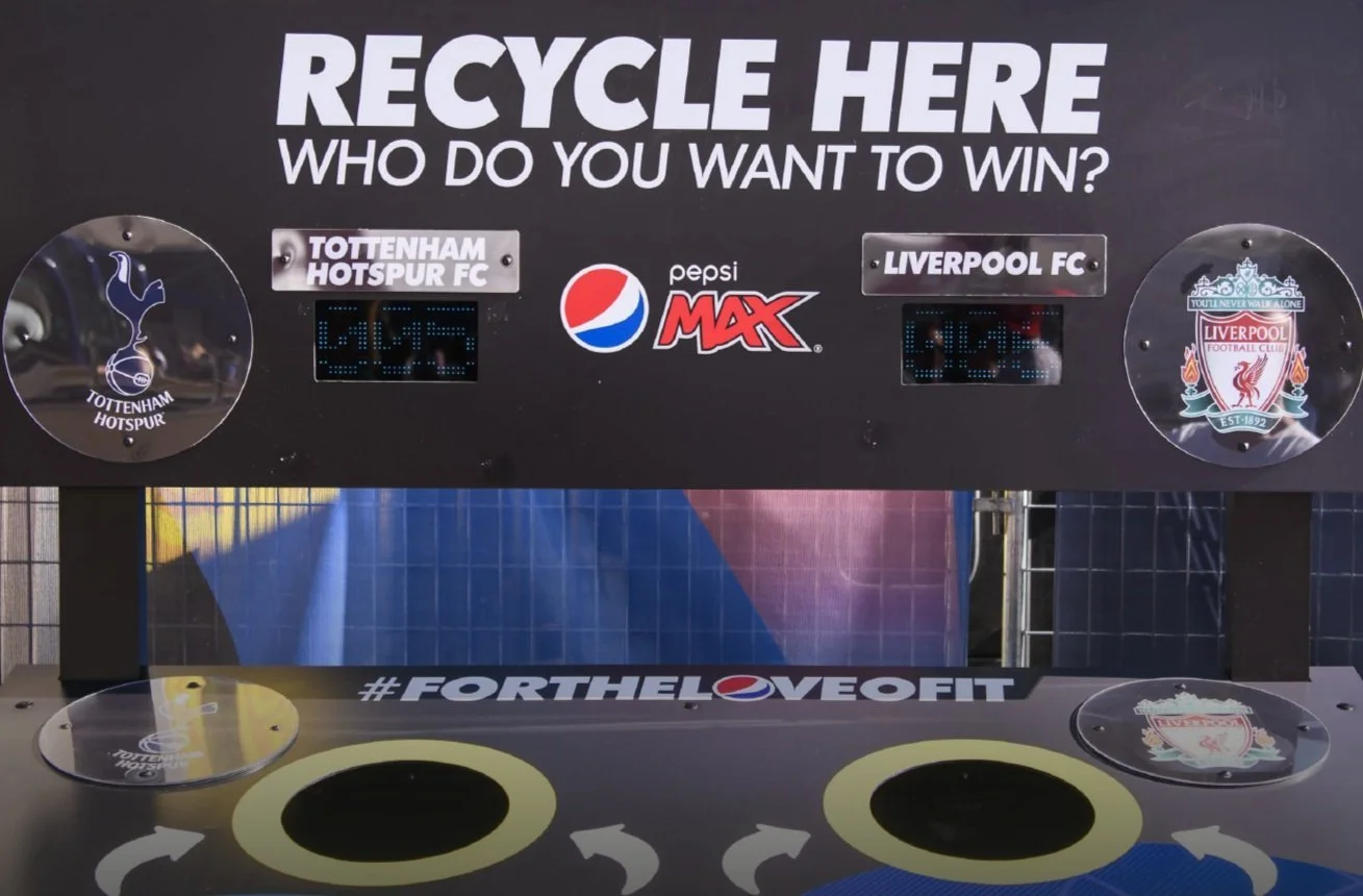 Recycling bins during the match between Tottenham Hotspur FC and Liverpool FC supporting UEFA's 'Strength Through Unity' Sustainability Strategy 2030