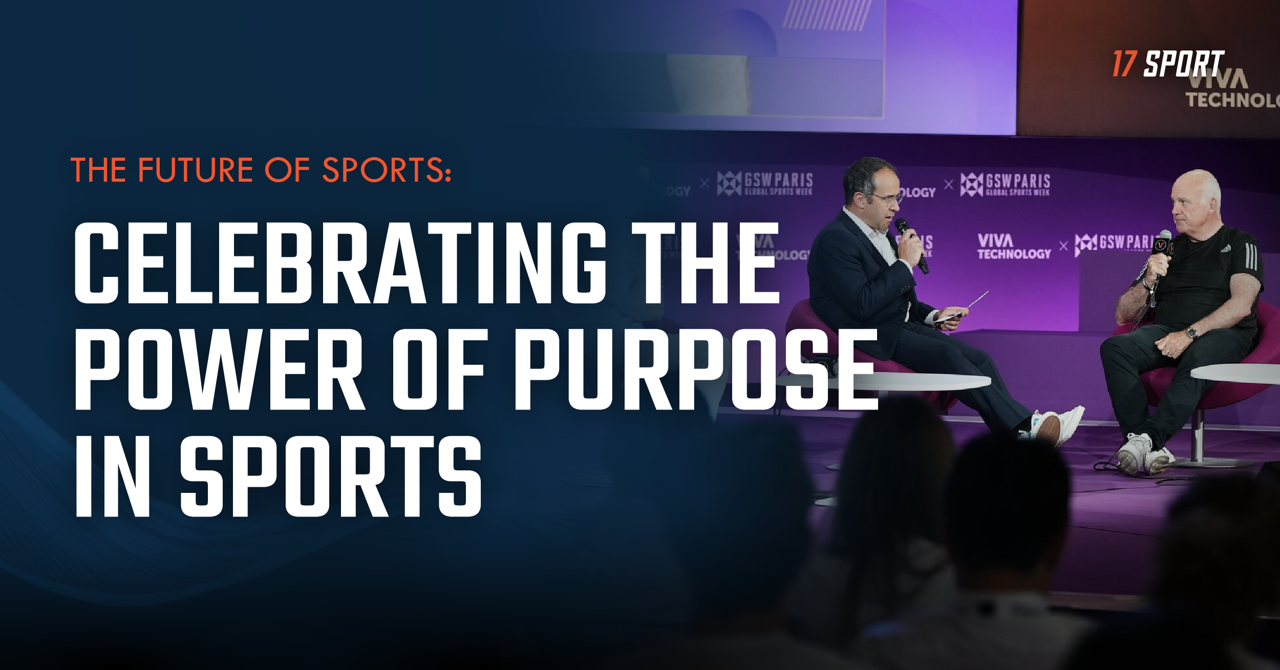 Graphic with text on the left reading ' The future of sports: celebrating the power of purpose in sports' with image representing Neill Duffy, CEO of 17 Sport, speaking during Global Sports Week event