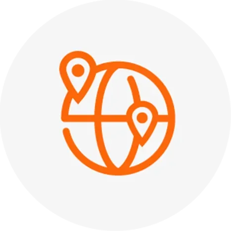 Orange globe icon with two location pins on a white circular background, symbolizing flexibility in a remote working environment