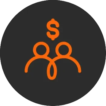 Two orange stick figures with a dollar sign above them on a dark gray circular background, suggesting collaboration or transactions.