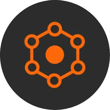 An orange hexagon with circles at each corner surrounds a central dot on a dark background, suggesting a ecosystem building