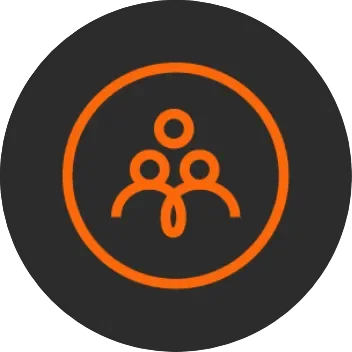Orange icon of two people connected, enclosed in a circle on a dark background. Represents community