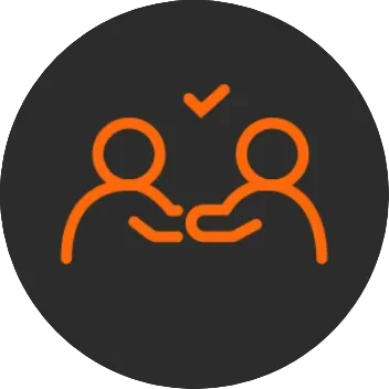 Icon depicting two orange stick figures facing each other with a checkmark above, symbolizing agreement or connection