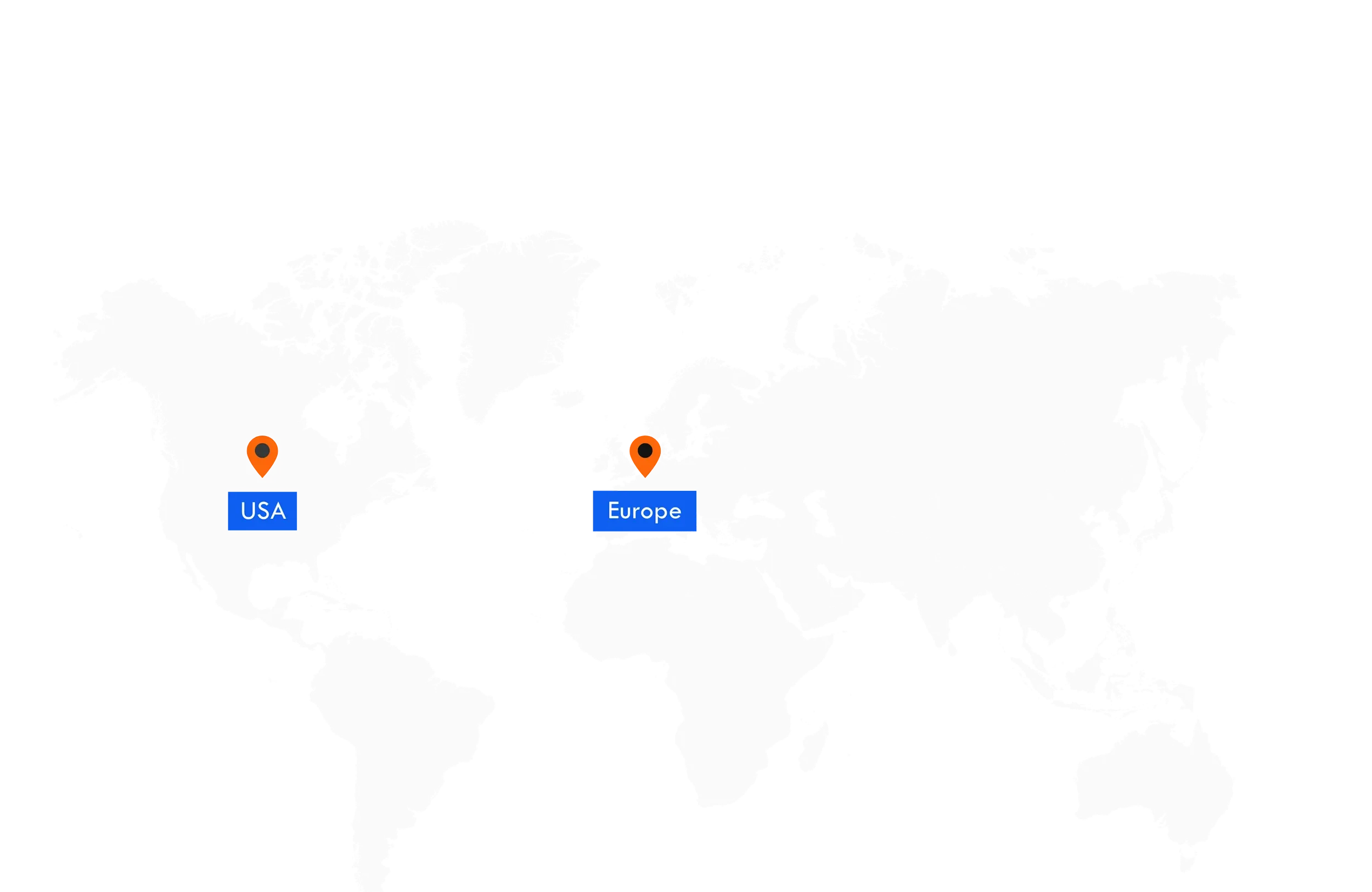 A world map with dark background features two location markers labeled "USA" and "Europe" in blue and orange, indicating locations on the map.