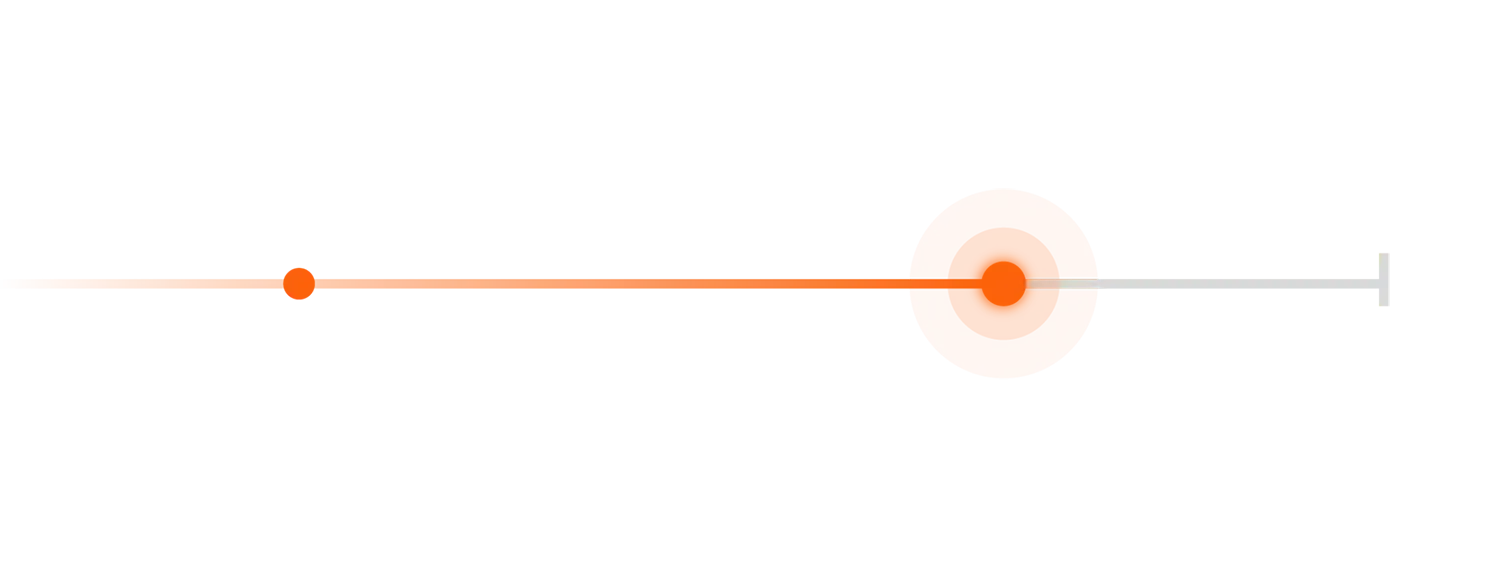 An orange gradient dot on the left contrasts with a larger glowing orange dot on the right, suggesting impact or timeline