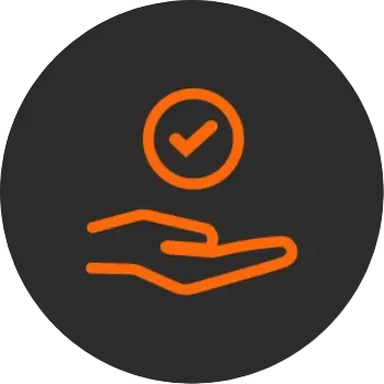 An orange icon on a dark background shows an open hand below a circle with a check mark, symbolizing approval and support.