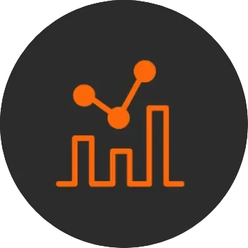 Orange graph icon on a dark gray circle. Features bar and line graphs with connected nodes, suggesting data analysis or statistics.