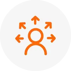 Orange icon of a human figure surrounded by arrows pointing outward, symbolizing growth or expansion