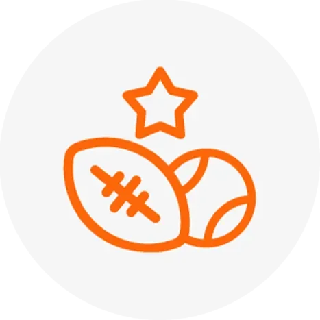 Icon of an orange football and baseball overlapping, with an orange star above, on a white circular background. Represents sports and achievement.