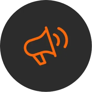Orange megaphone icon on a dark gray circular background. The megaphone symbolizing communication or announcements.