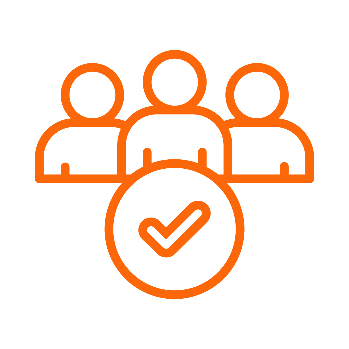 orange icon of a group, with a checkmark circle in front, indicating approval or selection.