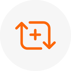 Orange arrows forming a square with a plus sign inside, pointing up and down, on a white circular background; suggests refresh or sync.