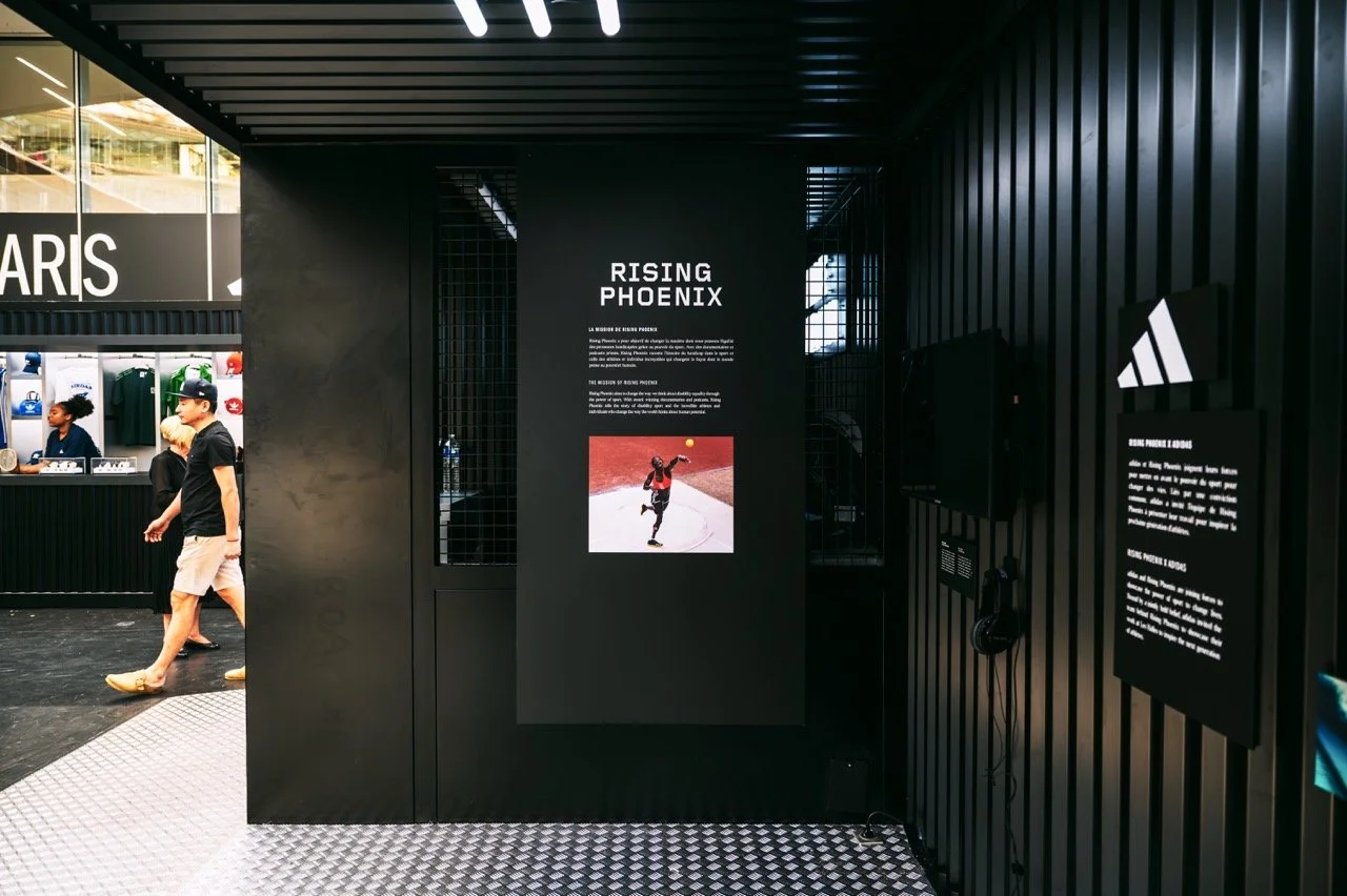 Inside the Paris 2024 adidas activation, focused on a panel describing the Rising Phoenix documentary