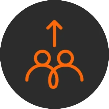 Two orange stick figures with an upward arrow above them, symbolizing collaboration or progress, on a dark gray circular background.