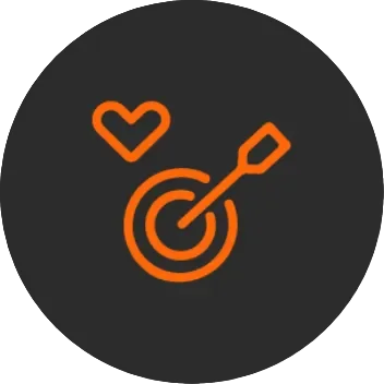 An orange dart hits a bullseye with a heart symbol above it on a dark gray background, conveying themes of passion