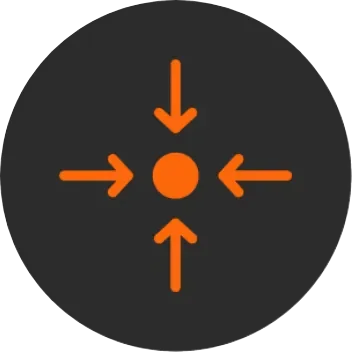 Orange circle with four arrows pointing inward on a dark gray background, symbolizing focus or target.