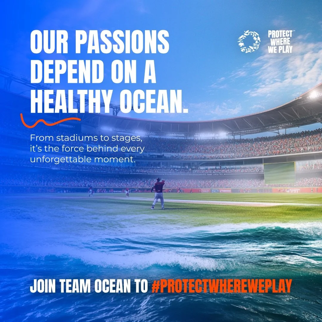 Protect Where We Play graphic that reads 'OUR PASSIONS DEPEND ON A HEALTHY OCEAN. From stadiums to stages, it's the force behind every unforgettable moment.'