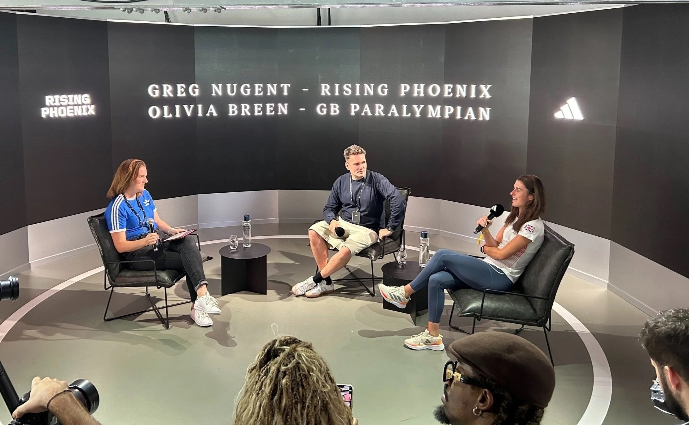 Rising Phoenix co-founder Greg Nugent and Paralympic athlete Lauren Steadman at the adi House panel during Paris 2024