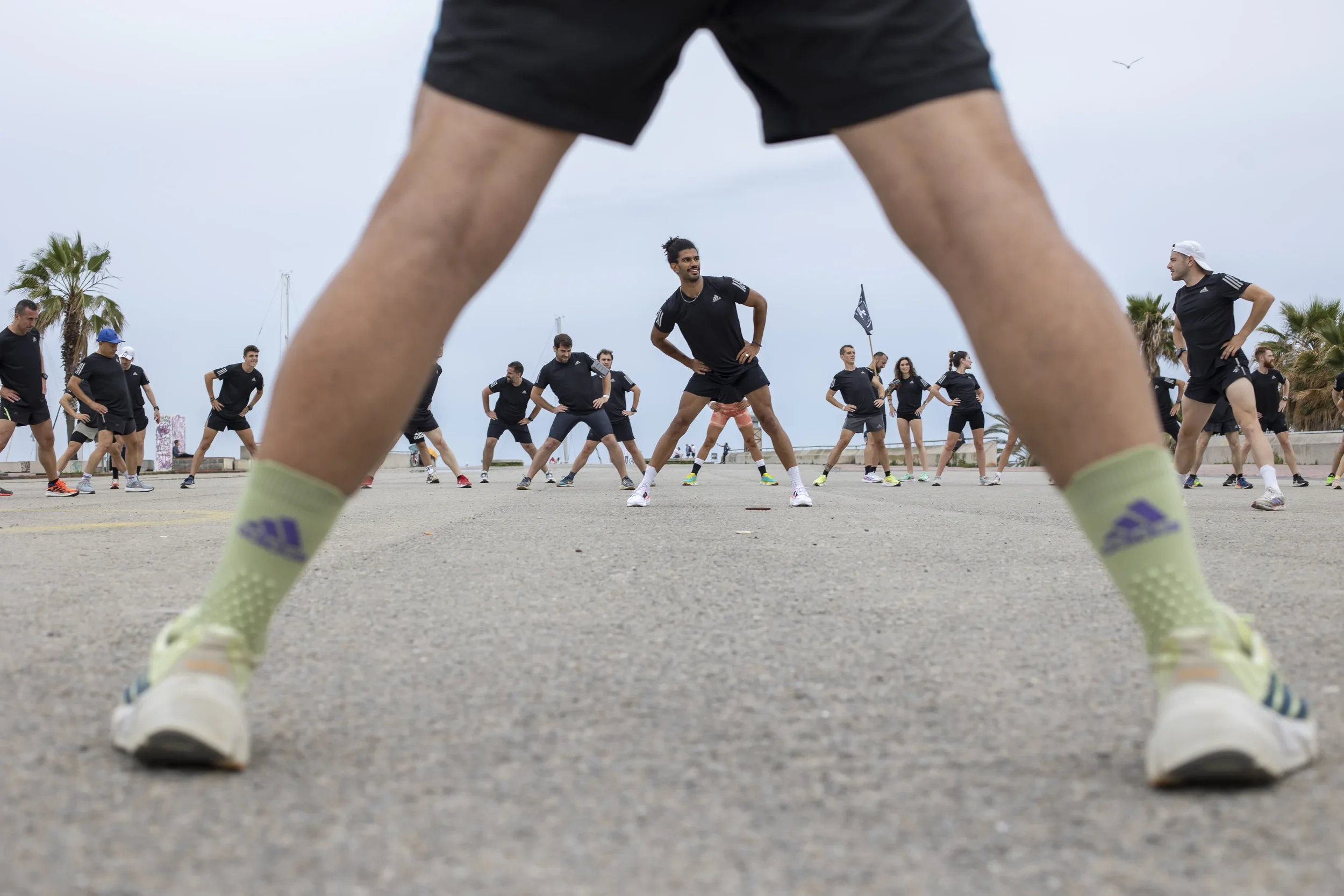 Group of people making warm up session before running 