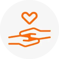 An orange icon on a white background features two hands holding, with a heart above. Symbolizes care, support, and compassion.
