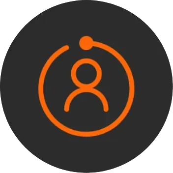 Orange icon of a person outlined by a circle with a dot at the top, on a dark gray background