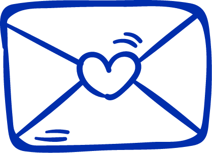 Outline of an envelope with a heart seal in the center, using blue lines.