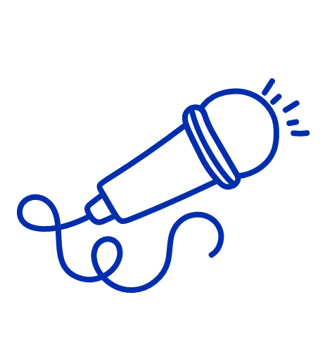 Simple blue line drawing of a microphone with sound waves coming from the top