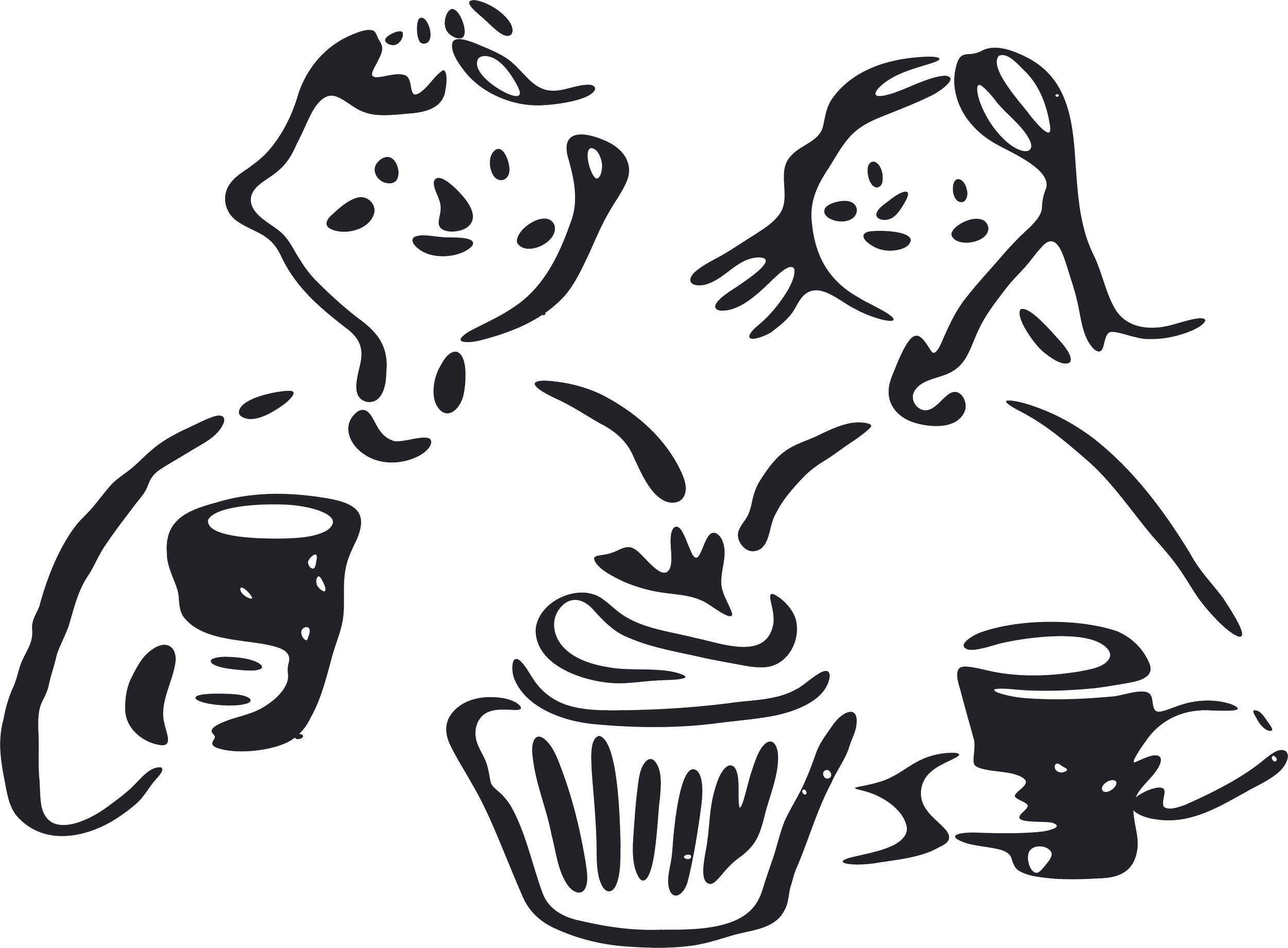 Line drawing of two children, a boy and a girl, sitting at a table with candles, a cupcake, and a teacup, smiling.