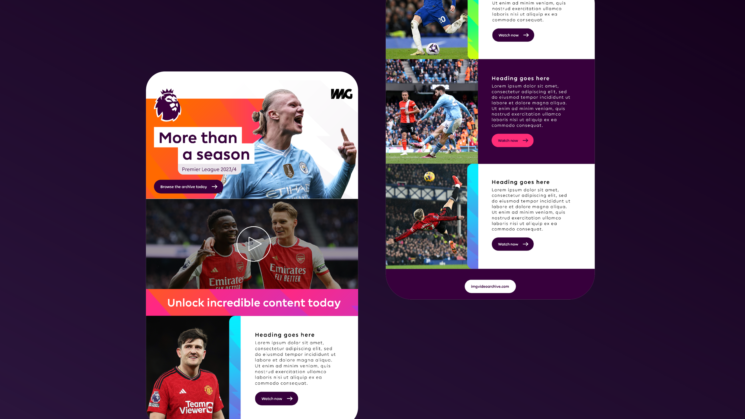 A mobile sports news website featuring images of soccer players and matches. The page has sections with headlines, videos, and buttons for viewing more content or watching videos. The main section highlights the Premier League 2023/4 season.