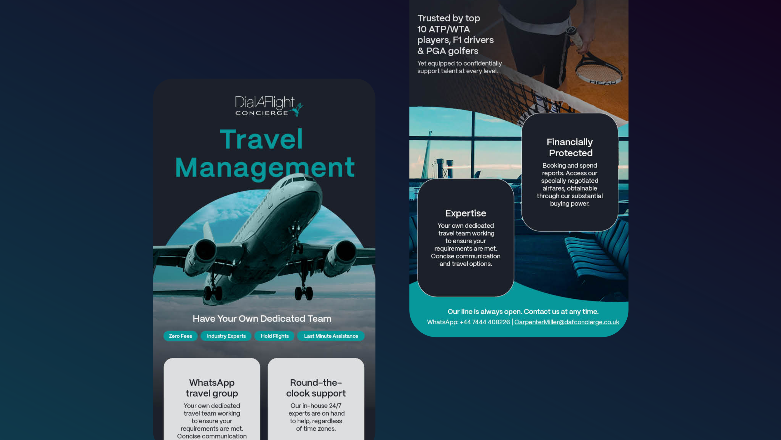 Flyers for DialAFlight Concierge Travel Management Services, featuring an airplane taking off and text box highlights about dedicated teams, expertise, financial protection, and travel support.