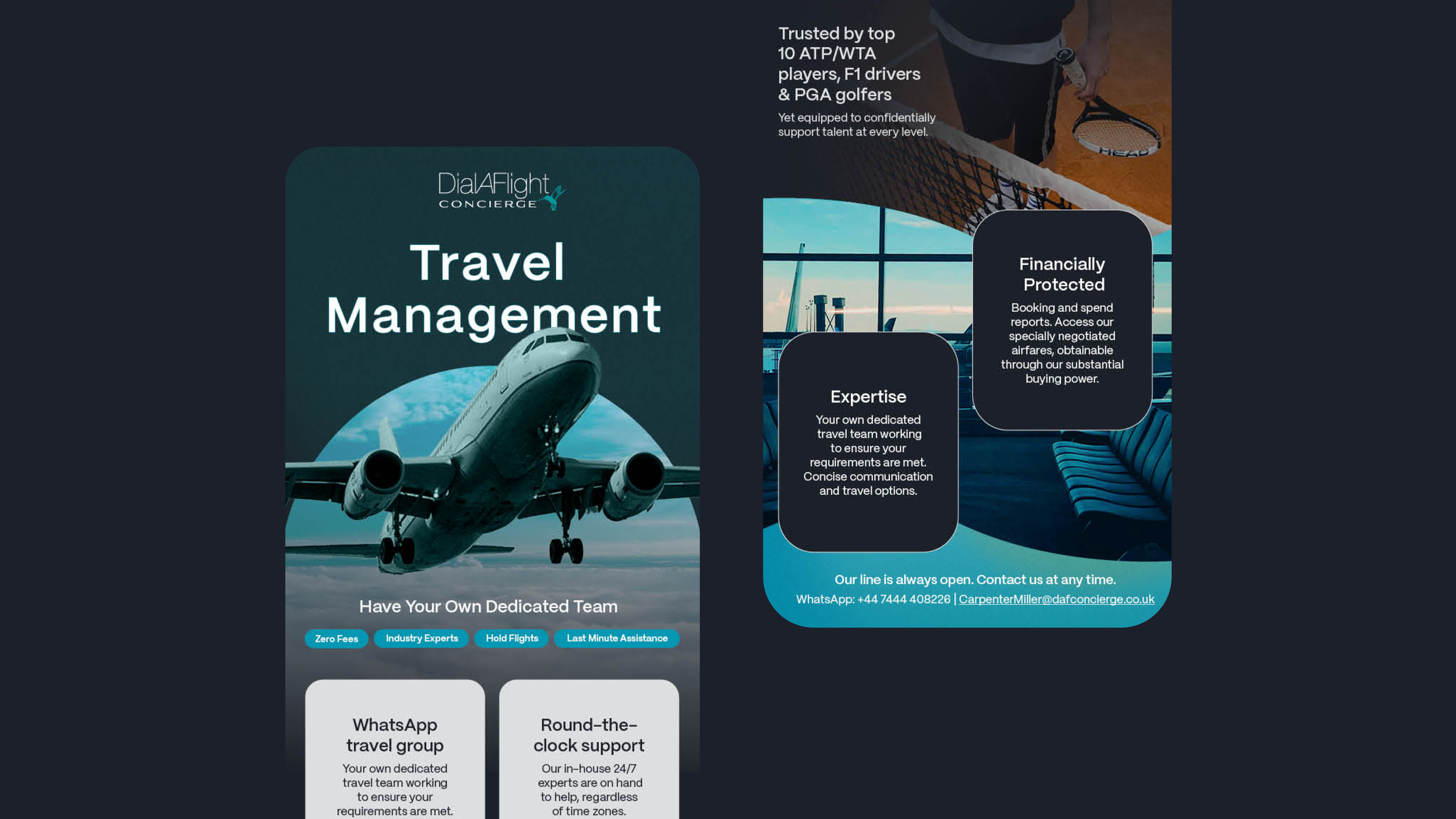 Travel management email marketing design for DialAFlight Concierge featuring an airplane, airport seating, and text about services, expertise, financial protection, and contact information.