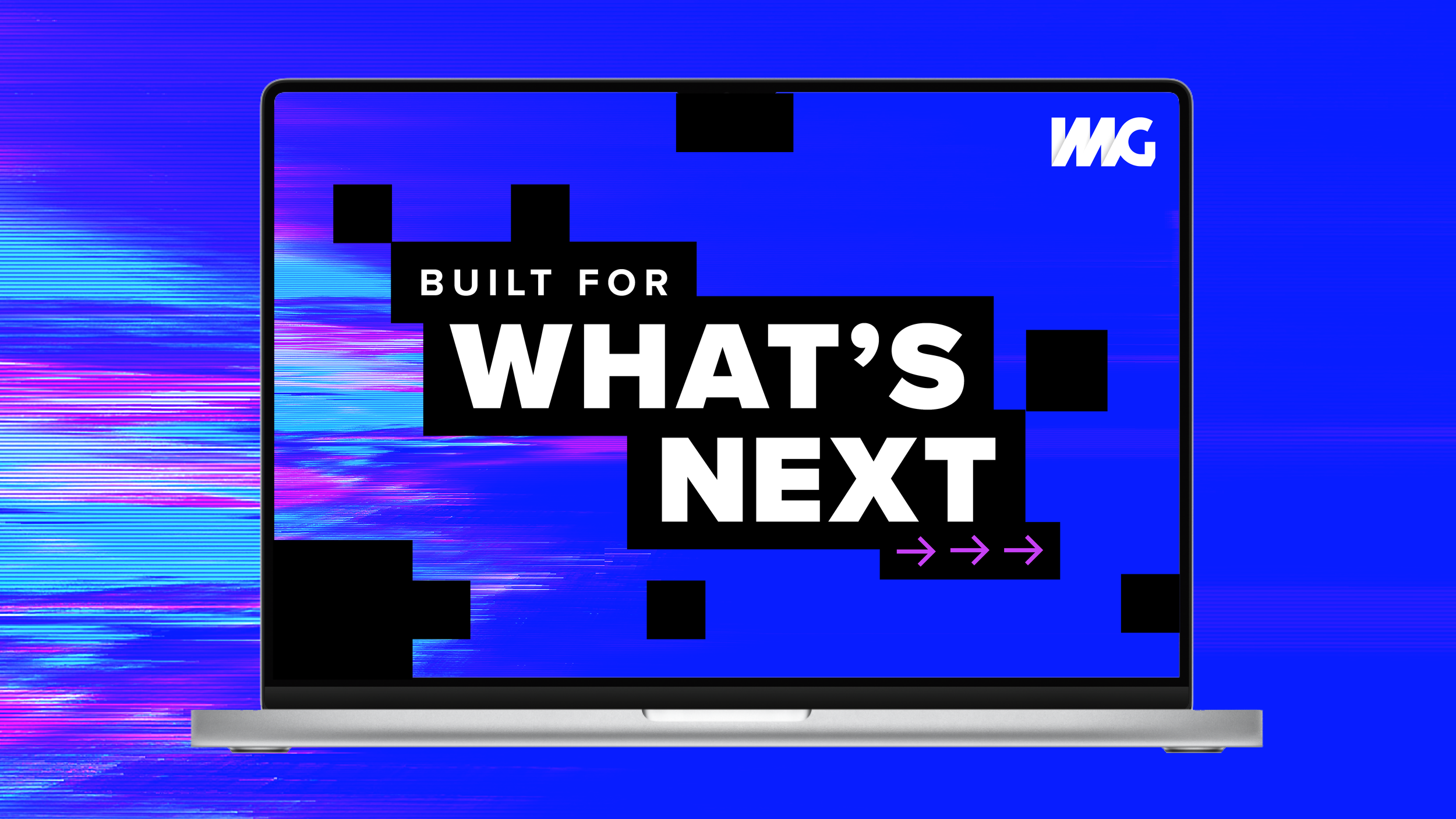 A digital screen displays a message: "Built for What's Next" in bold white and black text, with a blue background featuring digital glitch effects and pixelated blocks, with a small IMC logo in the top right corner.