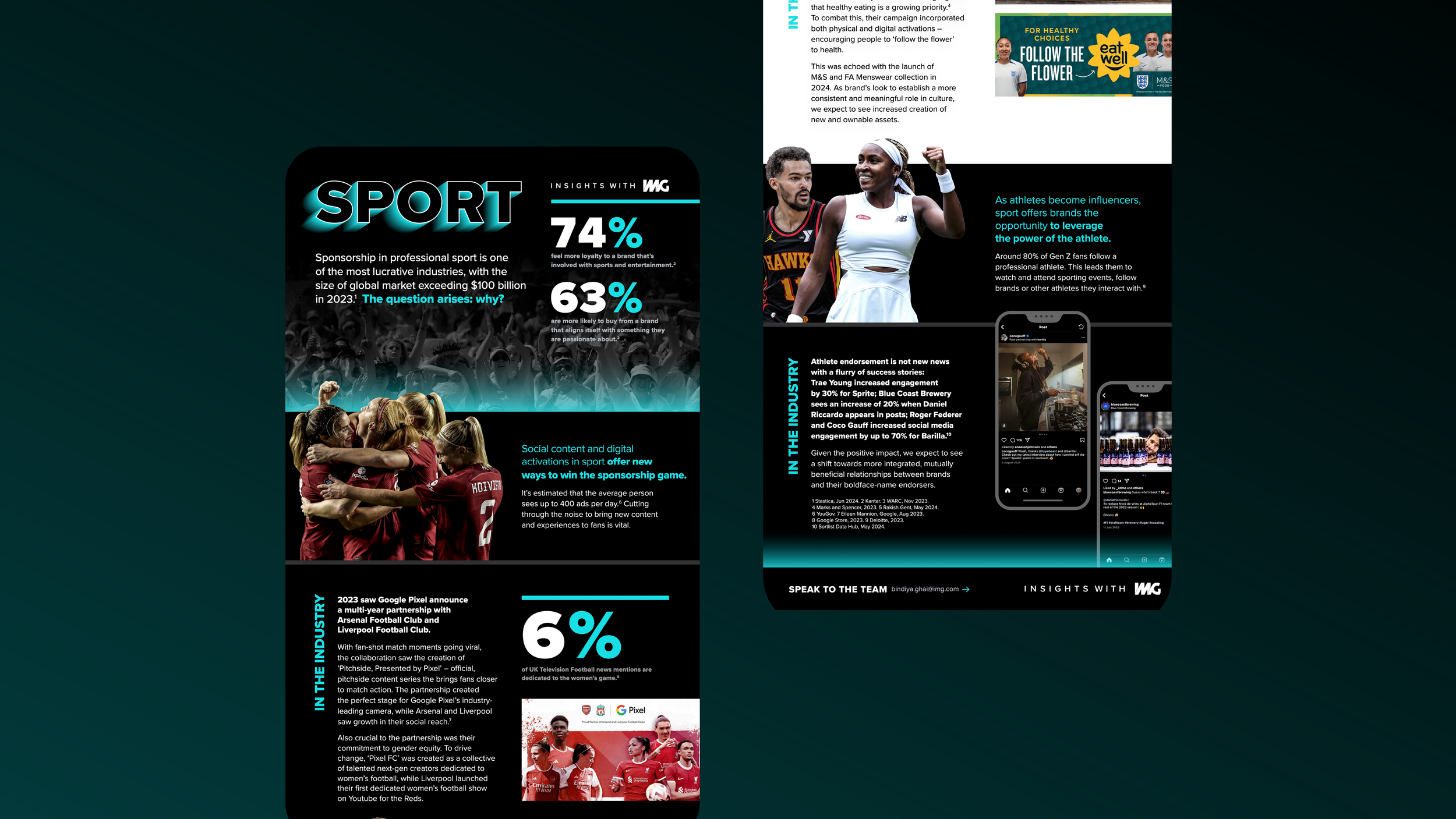 Two digital sports industry newsletters with images of athletes, social media screenshots, and statistics about sponsorship, athletes, and fan engagement.