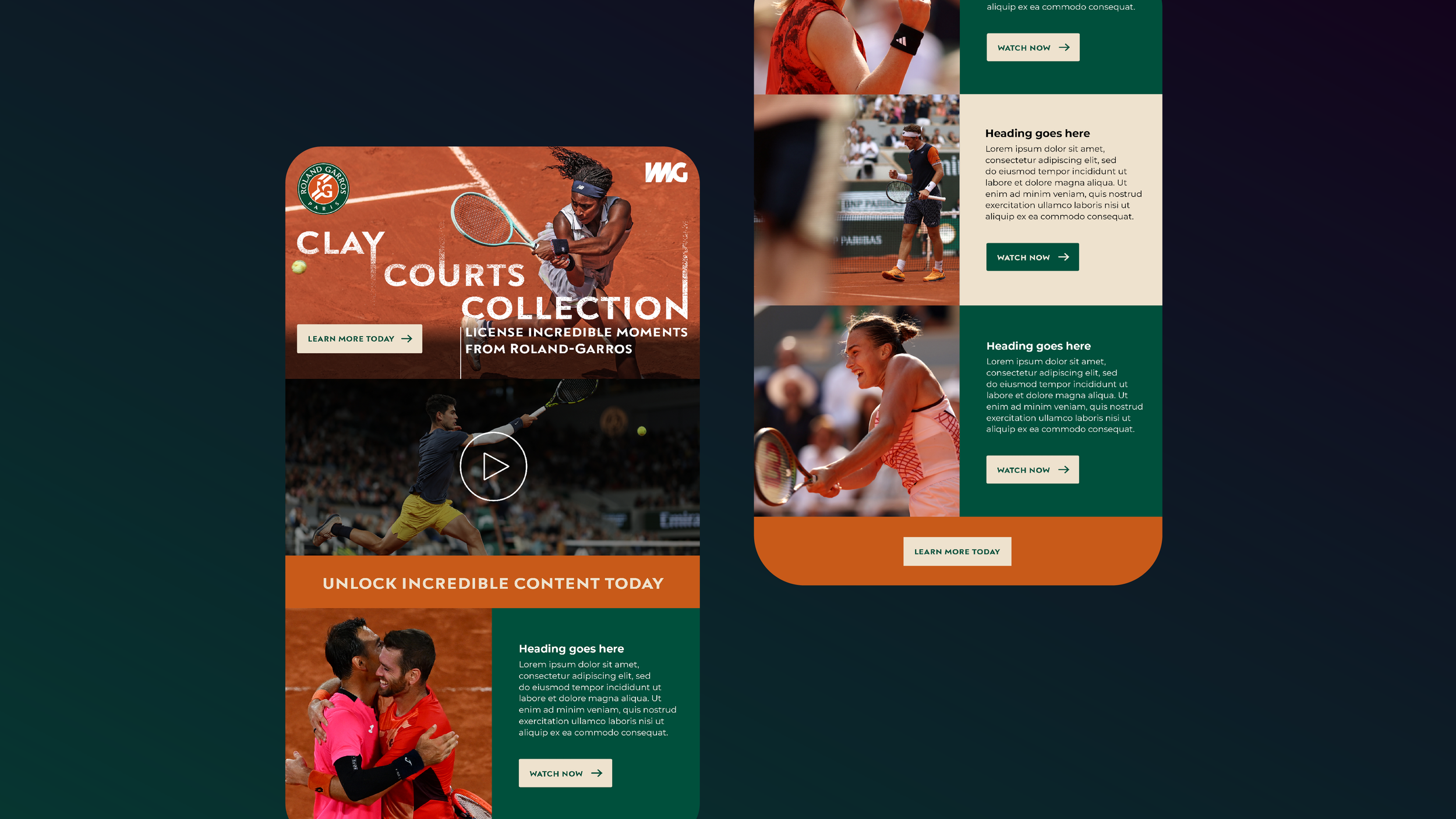 A digital tennis-themed promotional webpage featuring images of people playing tennis, with text about a collection from Roland-Garros and various call-to-action buttons.