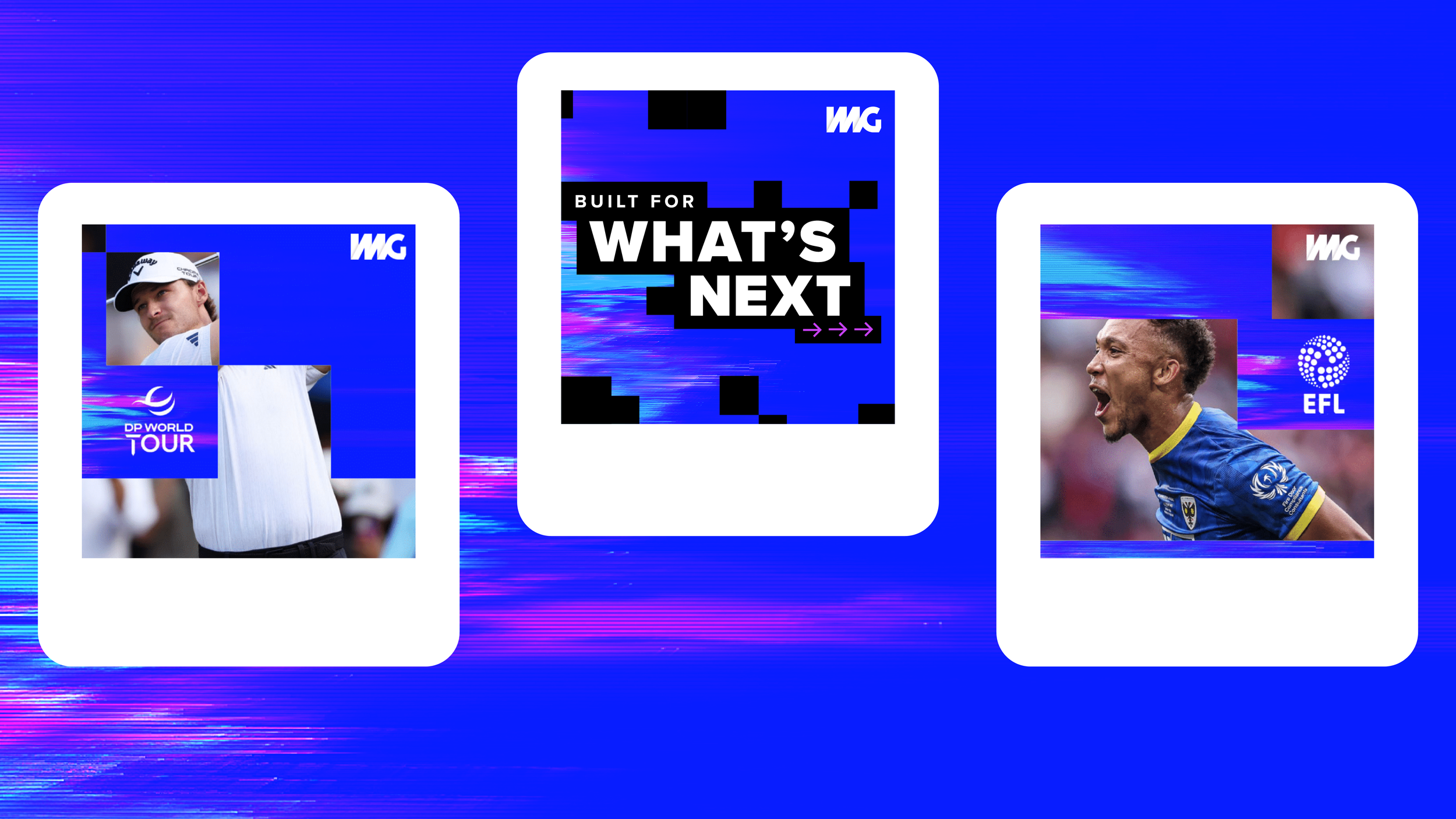Digital graphic featuring three sections with sports-related content and texts: the left section shows a golfer with the DP World Tour logo, the middle section displays the text 'Built for What's Next,' and the right section features a football player celebrating with the EFL logo.