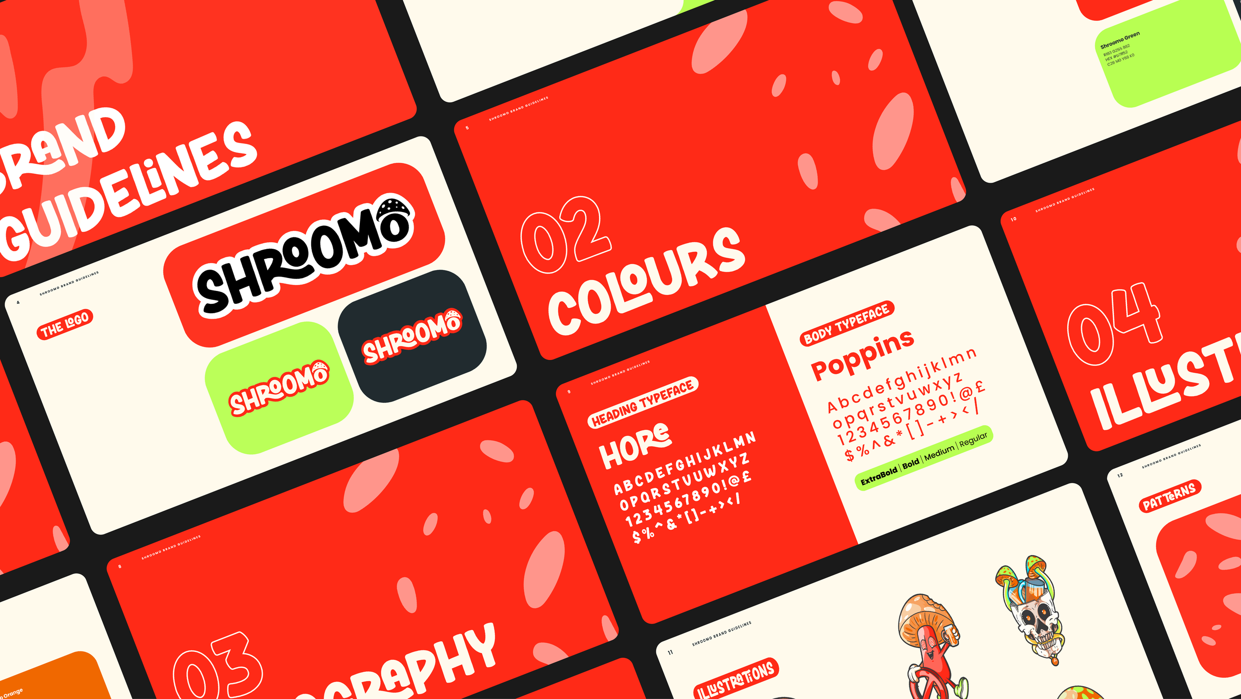 Collage of branding guidelines with bold, playful typography, colorful graphics, and sketches of cartoon characters, showcasing logo design, colors, fonts, and patterns for a brand named ShROOMO.