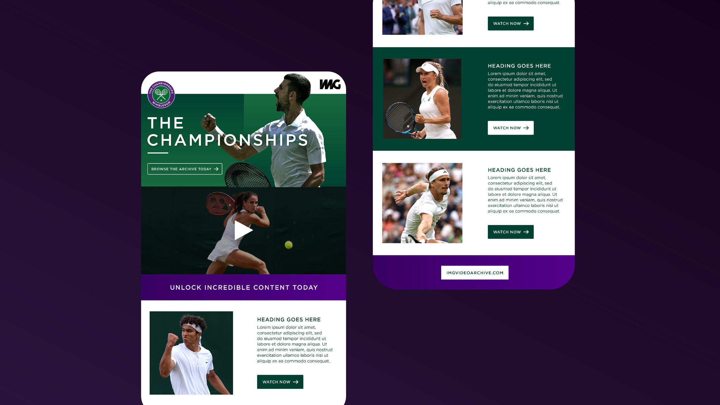 Web page layout with a section titled "The Championships" featuring someone celebrating tennis, and another section with photos of tennis players in action, with placeholder text and buttons labeled "Watch Now".
