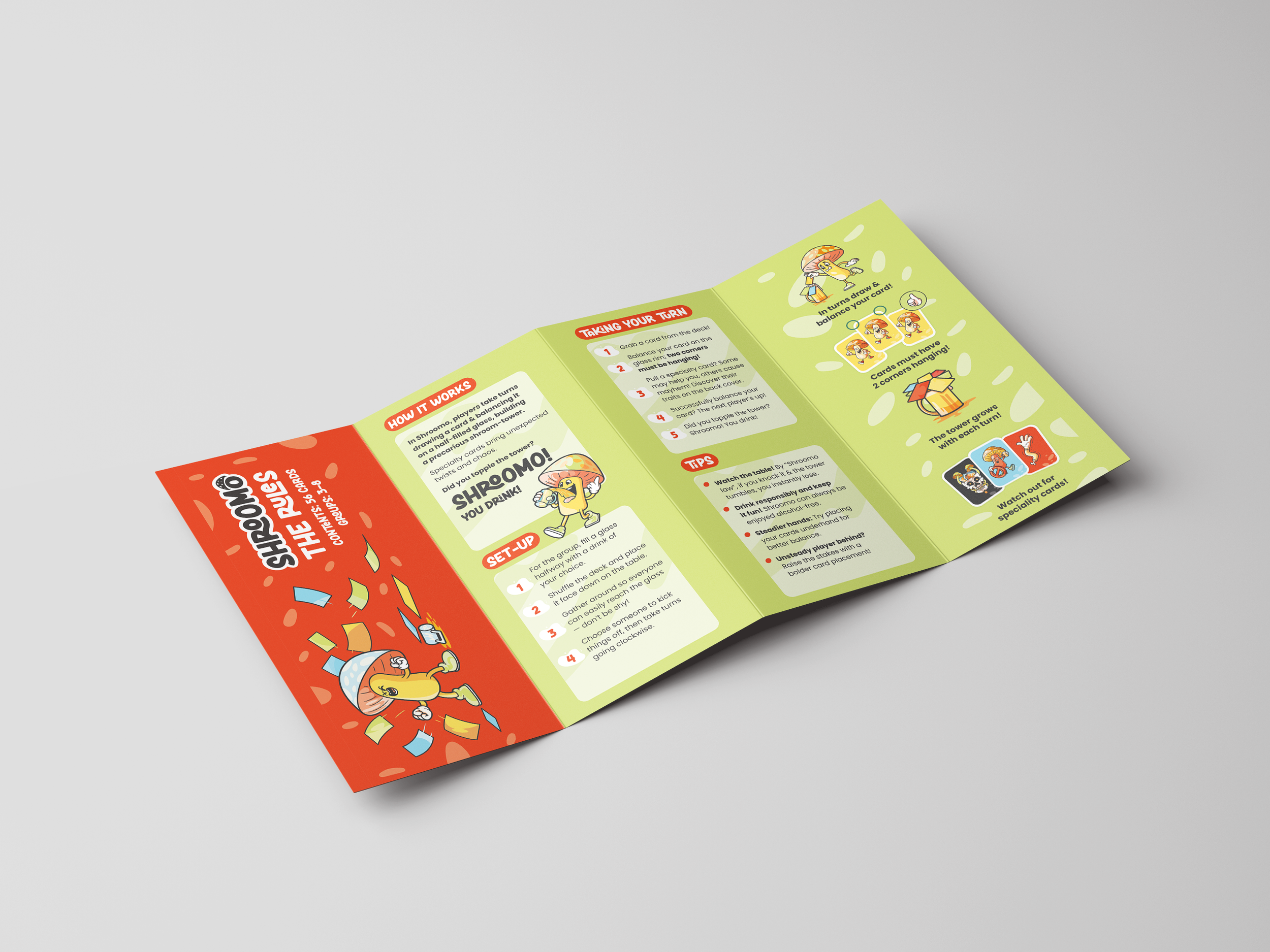 A colorful, tri-fold brochure titled "Shroomie The Rules" with game instructions and tips, featuring cartoon mushroom characters.