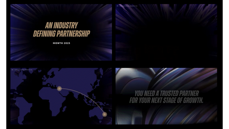 A four-slide interactive pitch deck with dark purple and black background, layout design, a world map with connecting points, and abstract swirling designs.