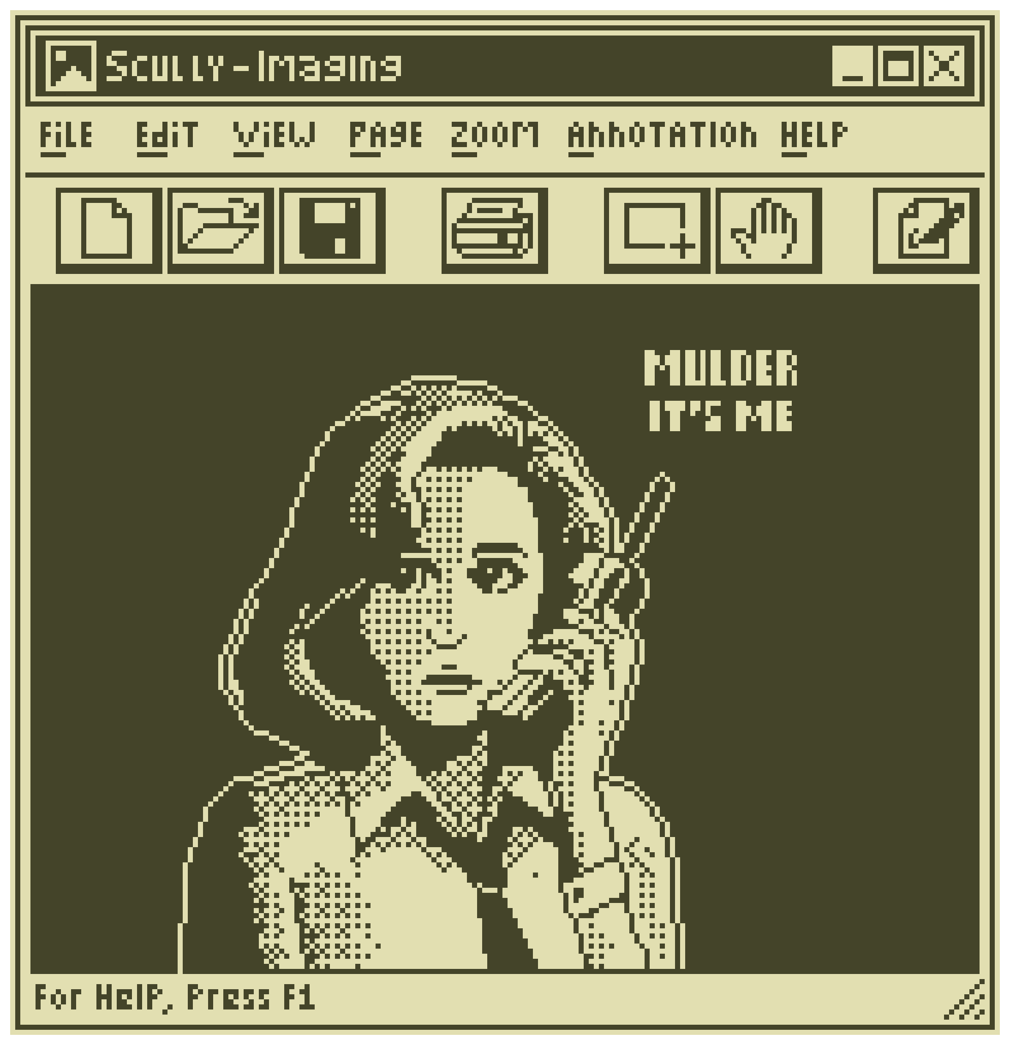 A pixelated digital drawing of a woman with shoulder-length hair talking on a cellphone, with the text "Mulder, It's Me" next to her, inside a computer window titled "Scully-Image".