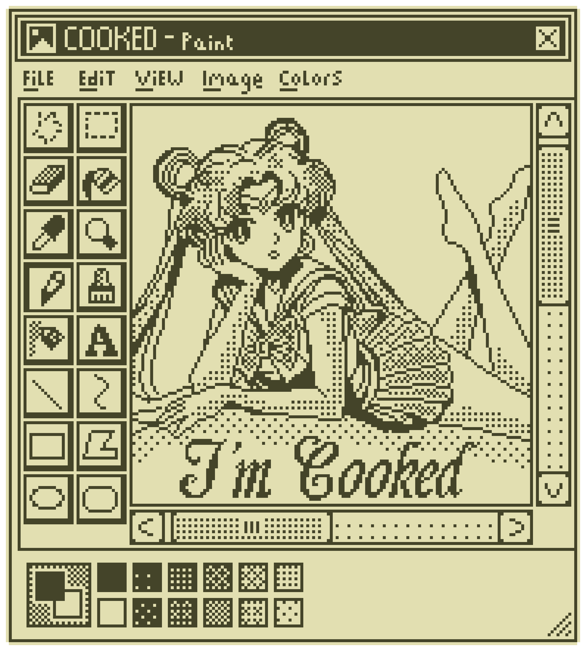 A digital pixel art style image of a young girl with long hair and cat ears, resting her head on her hand at a desk. The image resembles a classic computer drawing program interface with the text 'I'm Cooked' at the bottom.