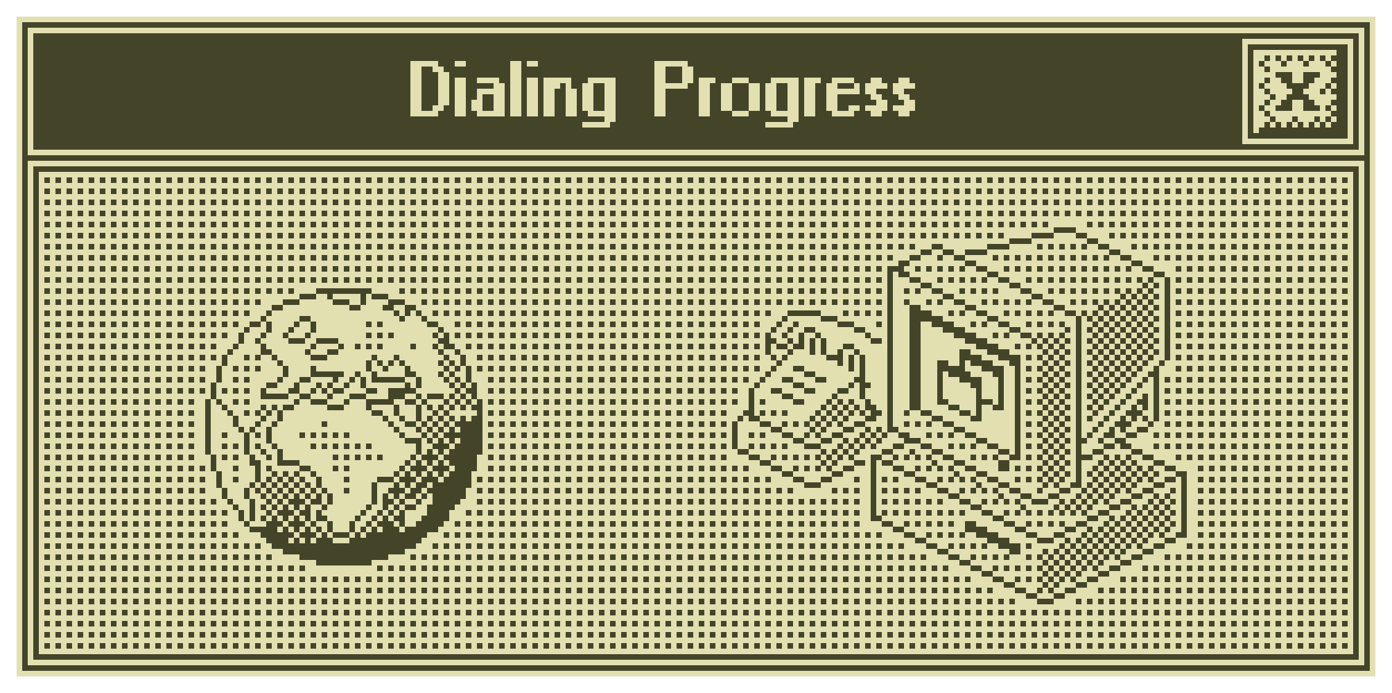 Pixel art illustration of a globe and an old-fashioned computer with a monitor and keyboard, titled "Dialing Progress".