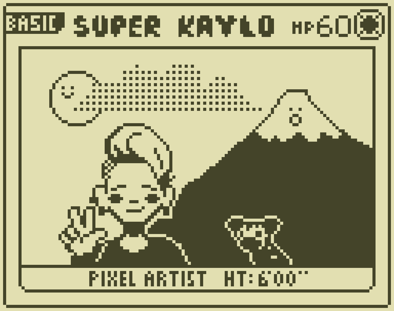 Retro-style pixel art digital game screen featuring a cheerful pixel artist with a victory sign, a dog, a mountain, and a smiling sun in the sky, with text indicating game details and a health bar.